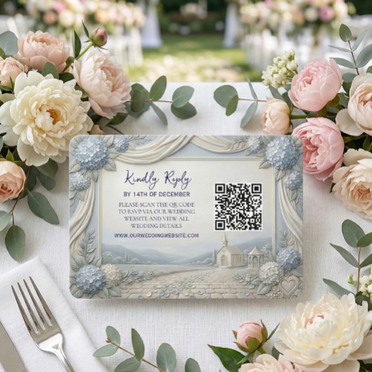 QR code Blue Hydrangea Vintage Chapel Wedding 出欠カード