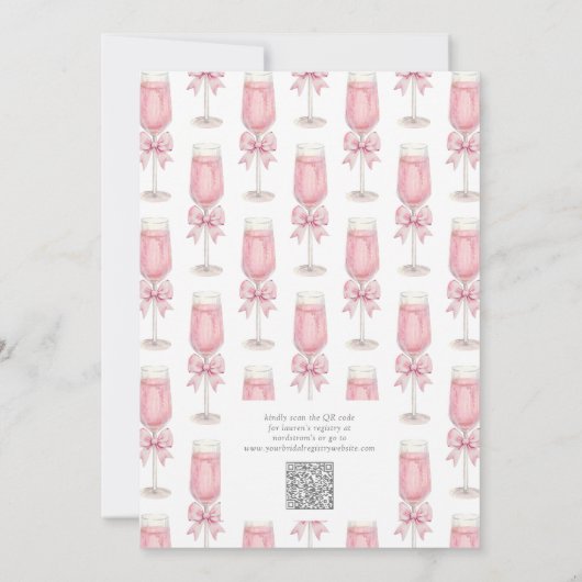 QR Code Blush Pink Bow Champagne Bridal Shower 招待状 (裏面)