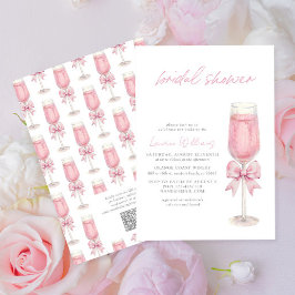 QR Code Blush Pink Bow Champagne Bridal Shower 招待状