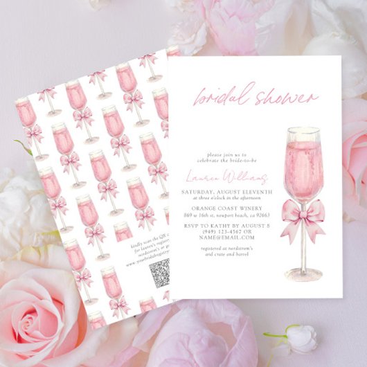 QR Code Blush Pink Bow Champagne Bridal Shower 招待状