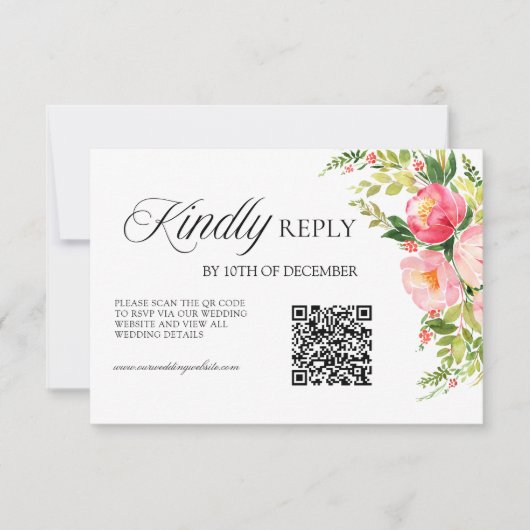 QR Code Bohemian Watercolor Floral Wreath Wedding 出欠カード (正面)
