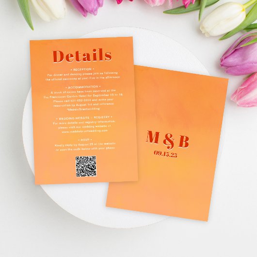 QR Code Bold Modern Orange Sunset Wedding Details エンクロージャーカード