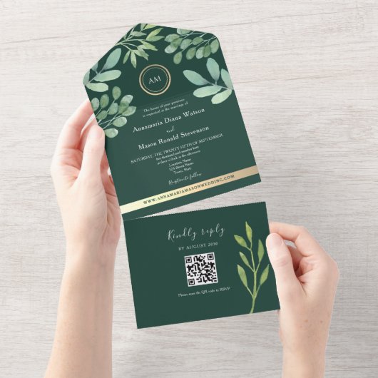 QR Code Botanical Emerald Green Wedding オールインワン招待状 (貼ってはがせる)
