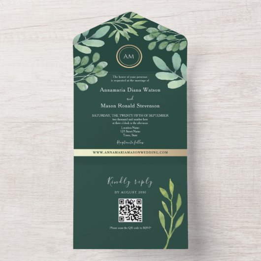 QR Code Botanical Emerald Green Wedding オールインワン招待状 (内側)
