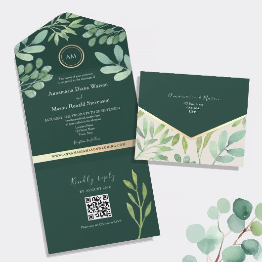 QR Code Botanical Emerald Green Wedding オールインワン招待状