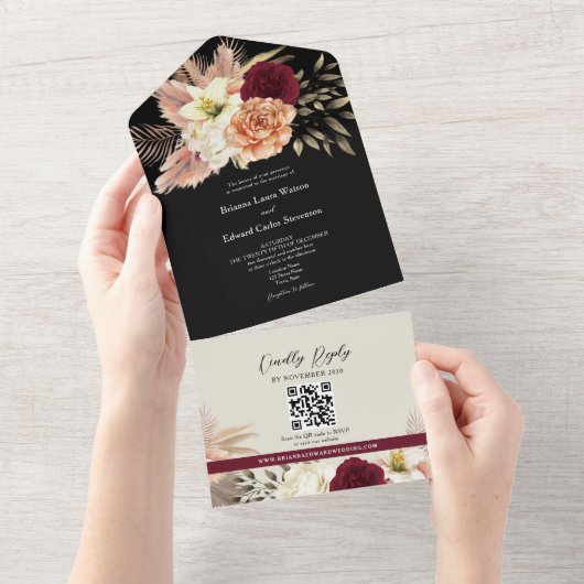 QR Code Burgundy Black Floral Wedding オールインワン招待状 (貼ってはがせる)