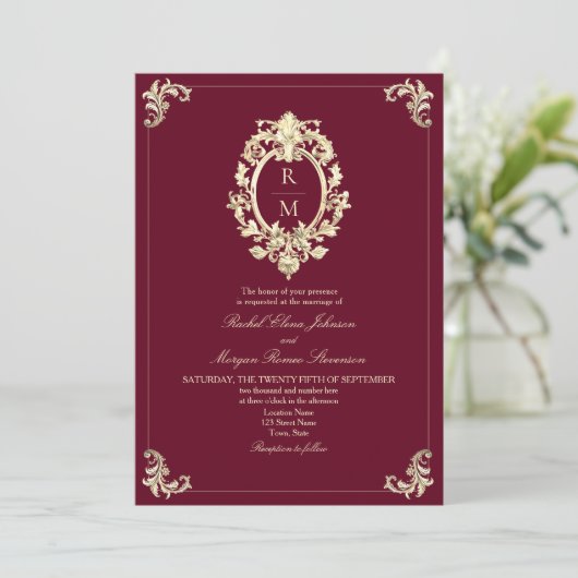 QR Code Burgundy Gold Baroque Wedding 招待状 (スタンド正面)