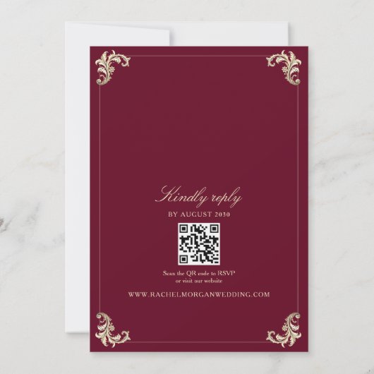 QR Code Burgundy Gold Baroque Wedding 招待状 (裏面)