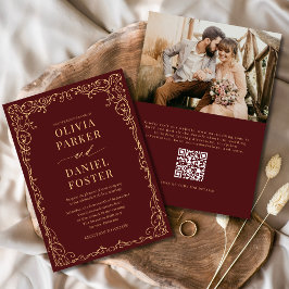 QR Code Burgundy Gold Photo Minimalist Wedding 招待状