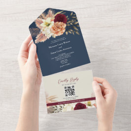 QR Code Burgundy Navy Floral Wedding オールインワン招待状