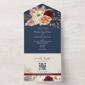 QR Code Burgundy Navy Floral Wedding オールインワン招待状 (内側)