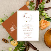 QR Code Burnt Rust Floral Wreath Monogram Wedding 招待状