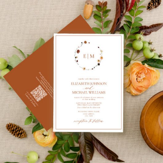 QR Code Burnt Rust Floral Wreath Monogram Wedding 招待状