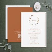 QR Code Burnt Rust Floral Wreath Monogram Wedding 招待状