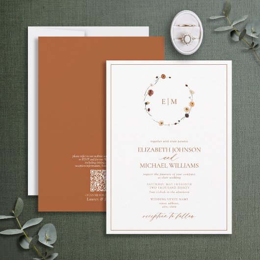 QR Code Burnt Rust Floral Wreath Monogram Wedding 招待状