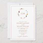 QR Code Burnt Rust Floral Wreath Monogram Wedding 招待状 (正面)