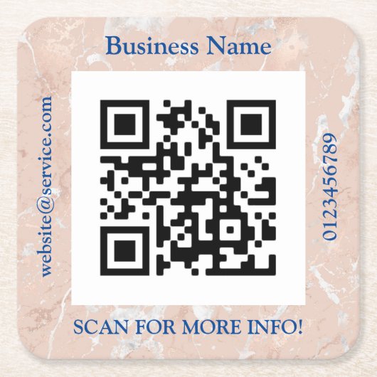 QR Code Bus. Name, Website Promo, Rose Gold Marble スクエアペーパーコースター (正面)