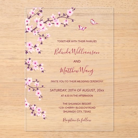 QR Code | Cherry Blossoms Pink White Wedding アクリル招待状 (正面)