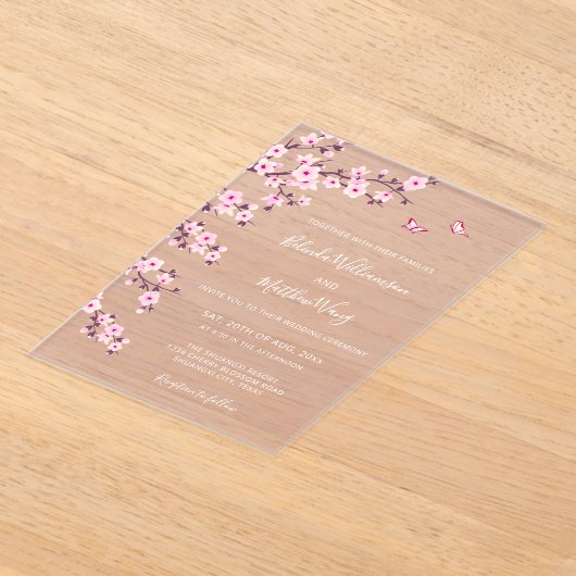 QR Code | Cherry Blossoms  Pink White Wedding アクリル招待状 (レイダウン)