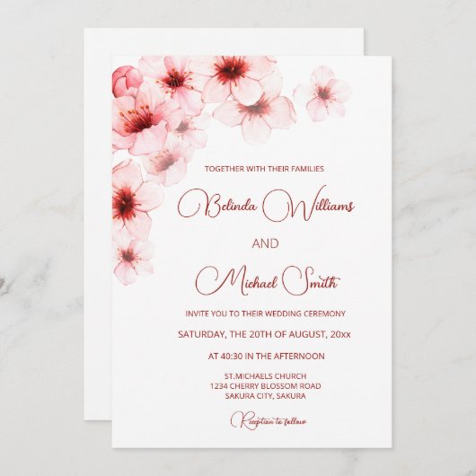 QR Code Cherry Blossoms Watercolor Wedding 招待状 (正面/裏面)