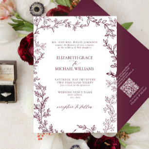 QR Code Classic Formal Burgundy Leafy Wedding 招待状
