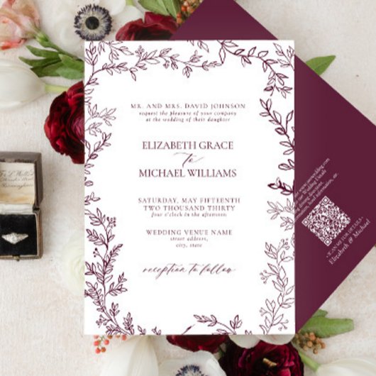 QR Code Classic Formal Burgundy Leafy Wedding 招待状