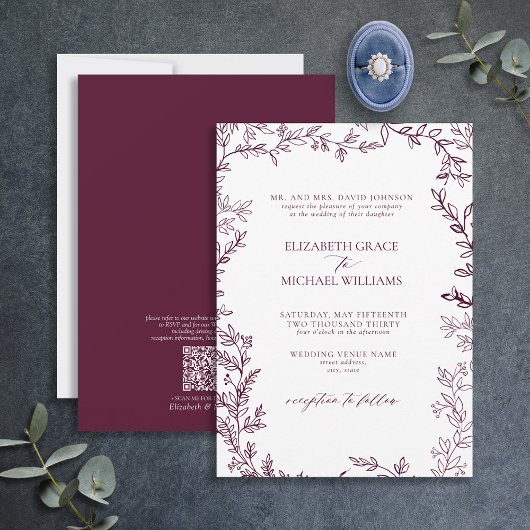 QR Code Classic Formal Burgundy Leafy Wedding 招待状