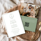 QR Code Crest Sage Green Photo Elegant Wedding 招待状