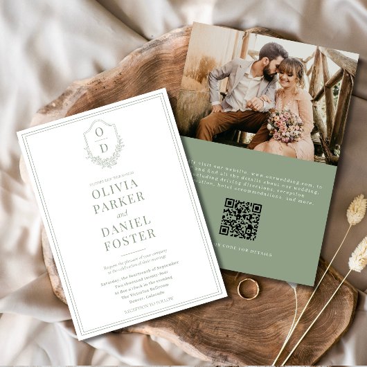QR Code Crest Sage Green Photo Elegant Wedding 招待状