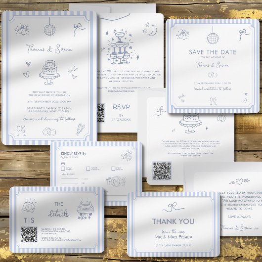 QR Code Doodle Hand Drawn French Blue Wedding 招待状
