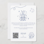 QR Code Doodle Hand Drawn French Blue Wedding 招待状 (裏面)