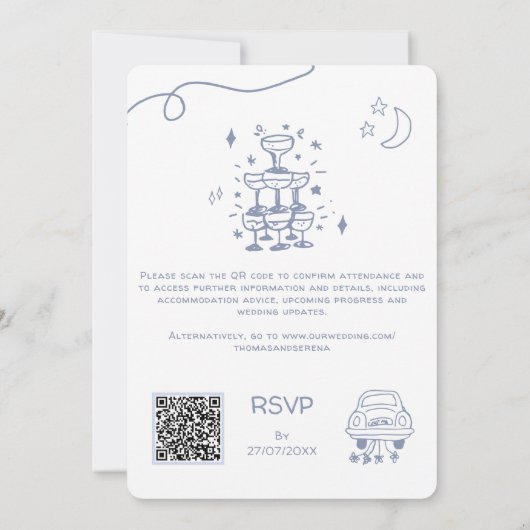 QR Code Doodle Hand Drawn French Blue Wedding 招待状 (裏面)