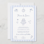 QR Code Doodle Hand Drawn French Blue Wedding 招待状 (正面)