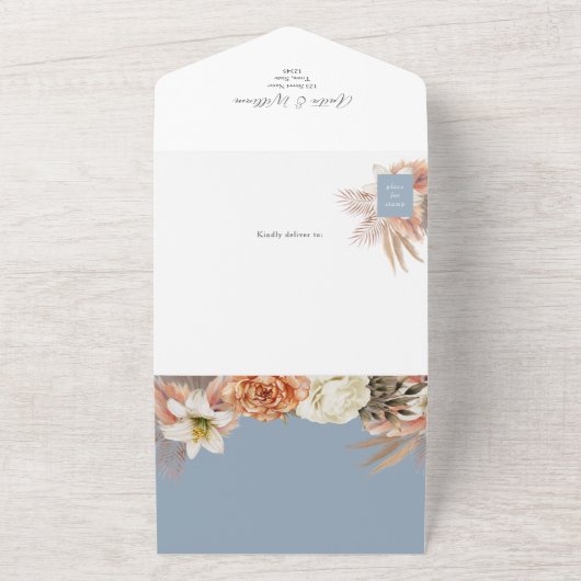 QR Code Dusty Blue Floral Wedding オールインワン招待状 (外側)