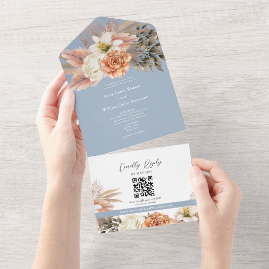 QR Code Dusty Blue Floral Wedding オールインワン招待状 (貼ってはがせる)