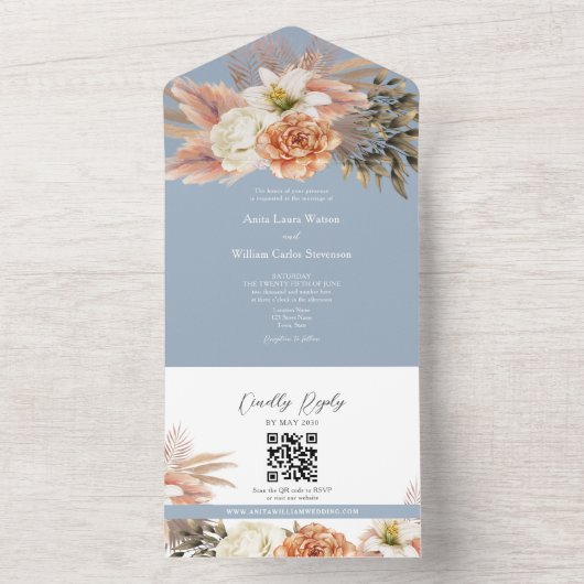 QR Code Dusty Blue Floral Wedding オールインワン招待状 (内側)