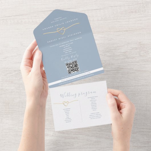 QR Code Dusty Blue Wedding オールインワン招待状 (貼ってはがせる)