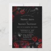 QR Code Elegant Black and Red Floral Wedding 招待状 (正面)