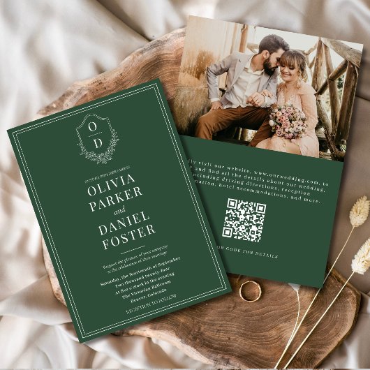 QR Code Elegant Crest Emerald Green Photo Wedding 招待状