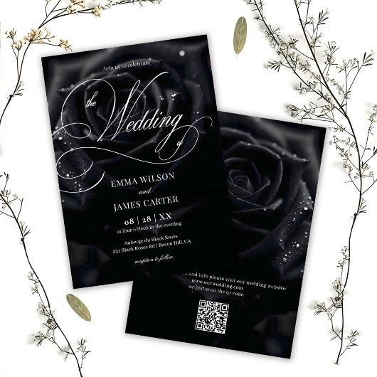 QR Code Elegant Midnight Rose Calligraphy Wedding 招待状