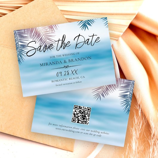 QR Code Elegant Tropical Palm Ocean Beach Wedding セーブザデート