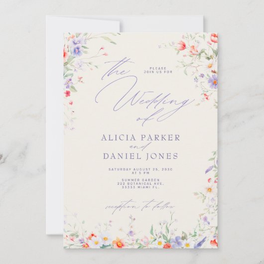 QR code elegant wildflower floral wedding 招待状 (正面)