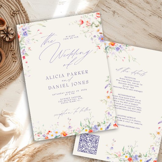 QR code elegant wildflower floral wedding 招待状