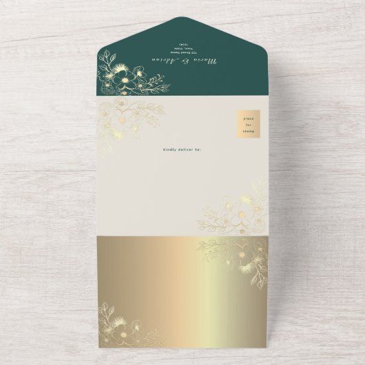 QR Code Emerald Gold Floral Wedding オールインワン招待状 (外側)