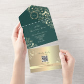 QR Code Emerald Gold Floral Wedding オールインワン招待状 (貼ってはがせる)