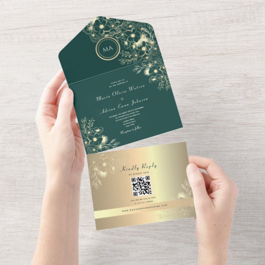 QR Code Emerald Gold Floral Wedding オールインワン招待状 (貼ってはがせる)