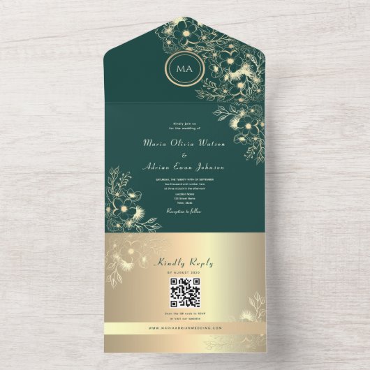 QR Code Emerald Gold Floral Wedding オールインワン招待状 (内側)