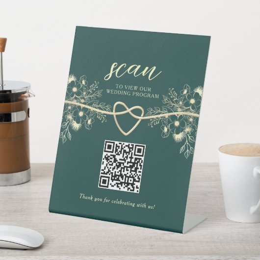 QR Code Emerald Gold Wedding Program 台座サイン (インサイチュ)