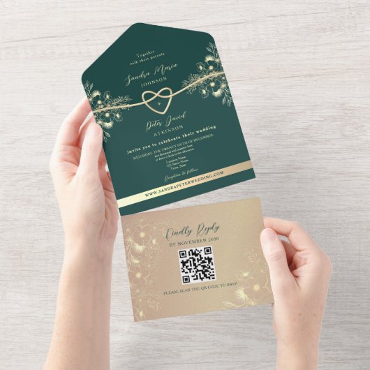 QR Code Emerald Green Gold Wedding オールインワン招待状 (貼ってはがせる)
