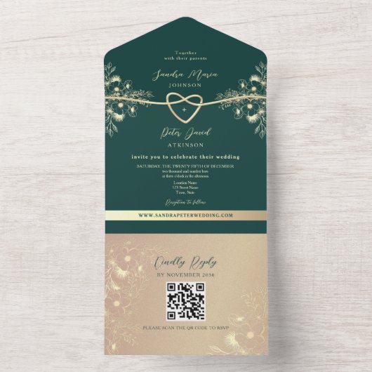 QR Code Emerald Green Gold Wedding オールインワン招待状 (内側)